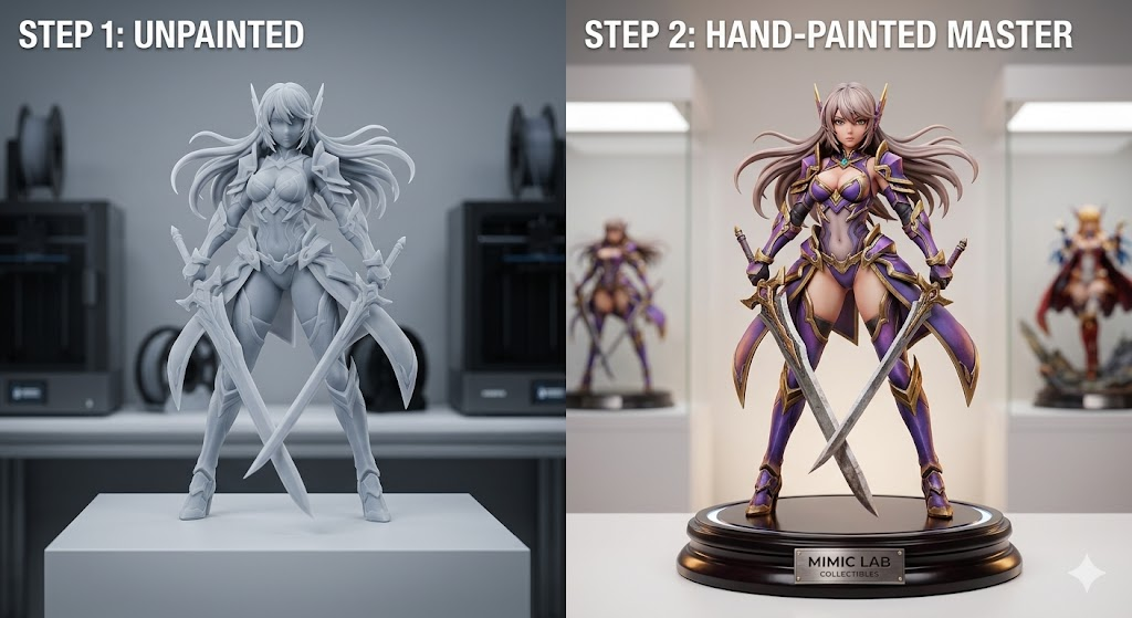 Mimic Lab 12K Custom Anime Figure unpainted vs hand-painted comparison showcase